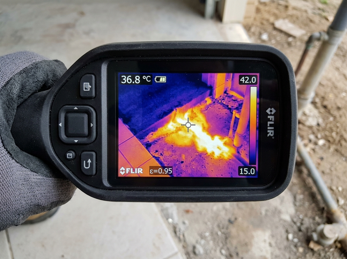 Thermal imaging scan revealing hot water slab leak under tile floor in Harlingen TX